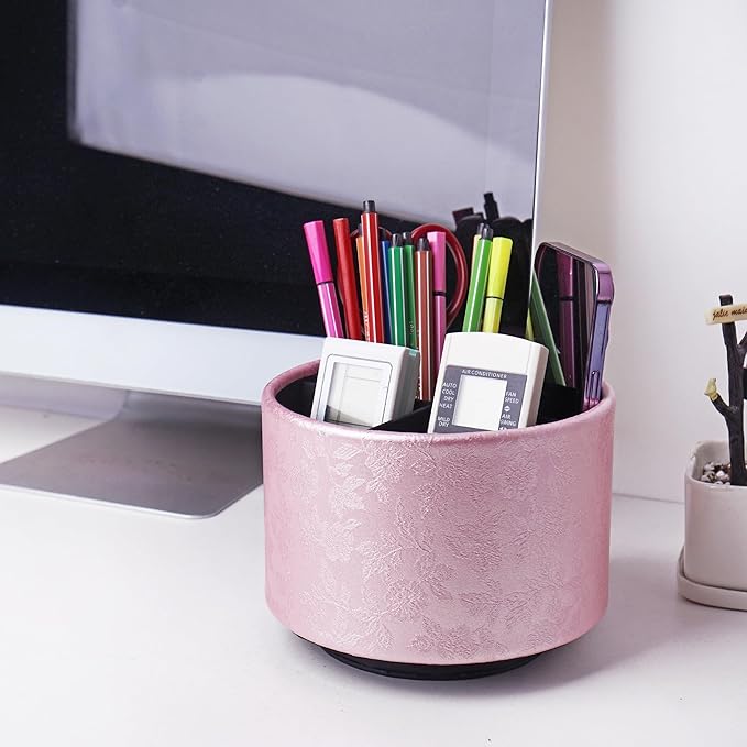 lizimandu Round Leather Art Supply Organizer,Remote Control Holder,360 Degree Spinning,Multi-Functional Pencil Holder,4 Compartments Desktop Stationary Organizer(1-Liuli Pink)-DeskLoop Office