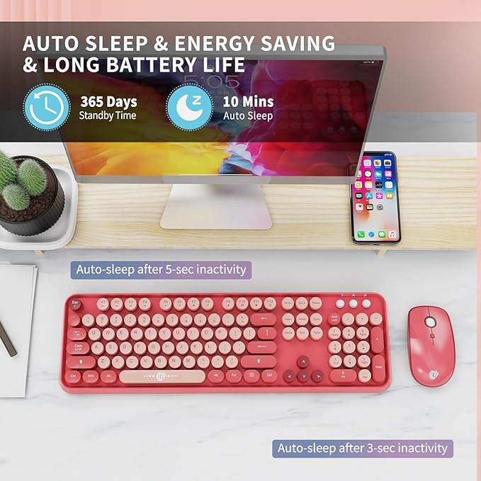 Wireless Keyboard and Mouse Combo, 2.4 GHz Wireless Full-Sized Typewriter Keyboard with Round Keycaps for Windows, Computer, Desktop, PC, Laptop (BerryPink)-DeskLoop Office