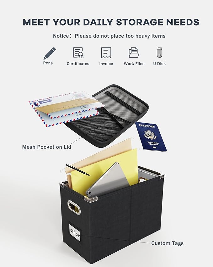 Oterri File Organizer Box with Lid, Hanging Filing File Box with Mesh Pocket, Document Organizer Box for Letter Files, Portable Storage Box with Smooth Sliding Rail for Office&Home (2 PCS, Black)-DeskLoop Office