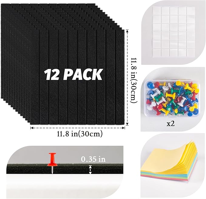 Large Cork Board Alternative, 12 Pack Felt Board with Safe Removable Adhesive Tabs Felt Wall Tiles, Large Cork Boards for Walls, Cork Board for Home Office, Pin Boards for Walls, Stripe Black-DeskLoop Office
