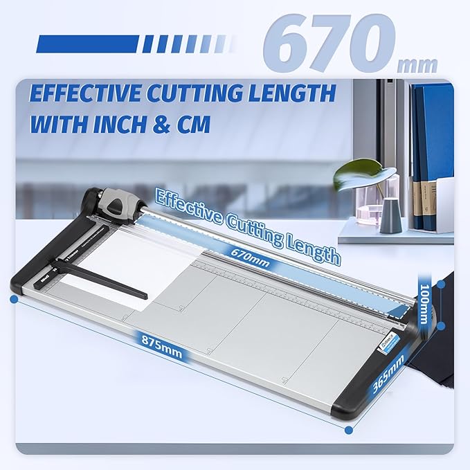 Rotary Paper Trimmer, 15 Sheets Heavy Duty Paper Trimmer, 670mm(26.37") Cutting Length, Commercial Grade Rotary Paper Cutter for Home/Office/School, Black & Silver-DeskLoop Office