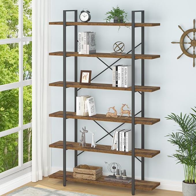 HSH 6 Shelf Tall Bookcase, Industrial Modern Large 6 Tier Bookshelf, Open Wood and Metal Display & Storage Rack,Farmhouse Bookcases and Book Shelves 6 Shelf for Bedroom Living Room Office,Rustic Brown-DeskLoop Office