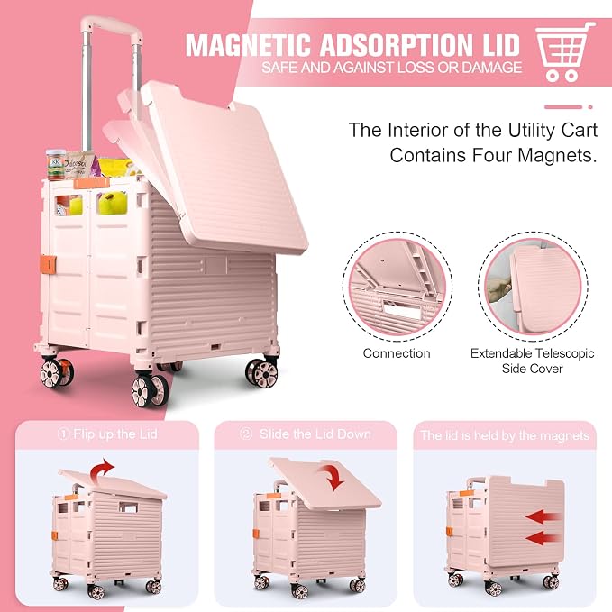 FELICON SELORSS Folding Utility Cart Portable Rolling Crate Handcart-Pink | - Image 2