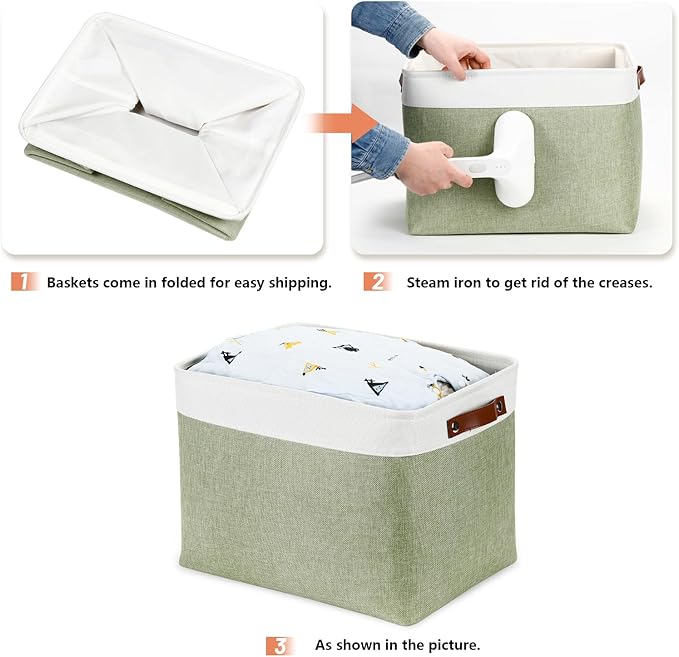DULLEMELO 16 inch Fabric Storage Basket, Decorative Storage Boxes with Leather Handle for Closet Shelf Nursery, Collapsible Linen Storage Bins for Organizing Toys Book Towel Organizers(White&Green)-DeskLoop Office