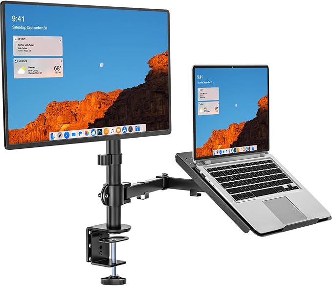 WALI Laptop and Monitor Stand, Fully Adjustable Monitor Mount and Laptop Tray for 1 Notebook up to 17 inch and 1 Screen up to 27 inch, 22 lbs, Weight Capacity (M001LP), Black-DeskLoop Office