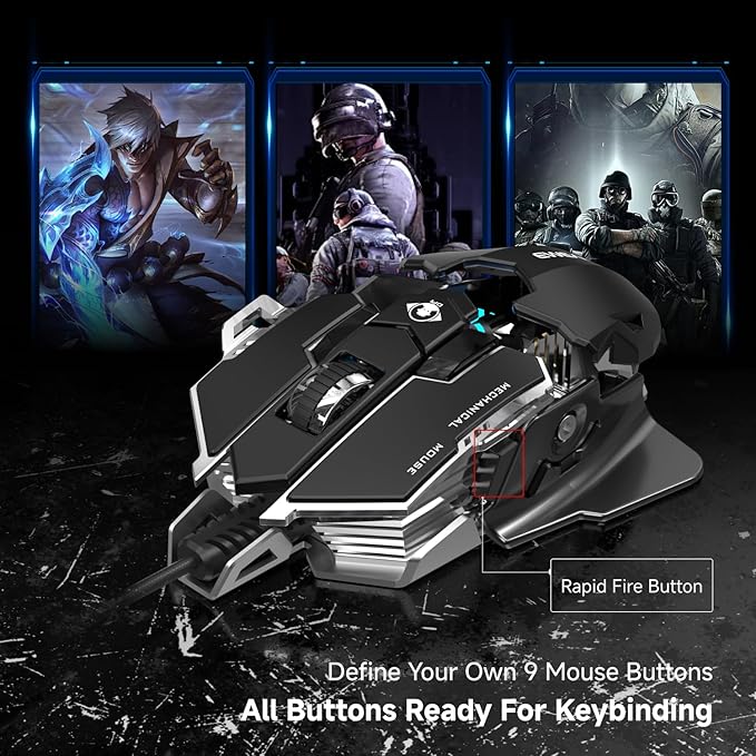 EWEADN G5 Wired Gaming Mouse, Ergonomic RGB Computer Mouse, 12800 Adjustable DPI, 9 Programmable Macro Buttons with Rapid Fire Key Compatible for PC/Laptop/Windows-Black&White-DeskLoop Office