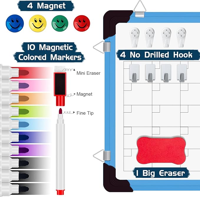 Dry Erase Calendar Whiteboard, Magnetic White Board Calendar Dry Erase Board, 16" X 12" Monthly Calendar Board Small Wall Hanging Planner Memo Whiteboard for Home, School, Office, Kitchen (Blue)-DeskLoop Office