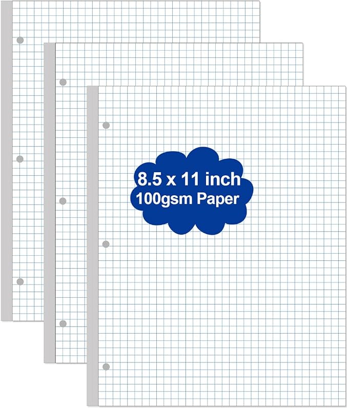 Grid Paper - 3 Hole Graph Paper, Letter Size 300 Sheets/600 Pages Loose-Leaf by Yaridar