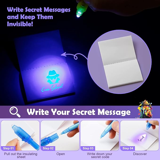 32Pcs Invisible Ink Pen with UV Light, Mini Notepads & Favor Bags, Spy Pens, Top Secret Message Magic Marker, Party Favors for Kids 8-12, Class Prizes, Detective & Escape Room Themes-DeskLoop Office