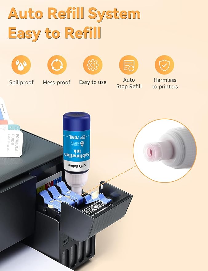 CMYBabee Sublimation Ink Refill Bottles Compatible for Epson Printers ET2800 ET15000 ET8550 ET2400 ET4800 ET2850 ET2803 ET3830 ET3850 ET4850 Heat Press Transfer on Mugs T-Shirts(4 Pack)-DeskLoop Office