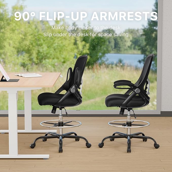 HYLONE Drafting Chair Tall Office Chair High-Back Mesh Standing Desk Stool with Adjustable Footrest Ring and Flip-Up Arms (Black)-DeskLoop Office