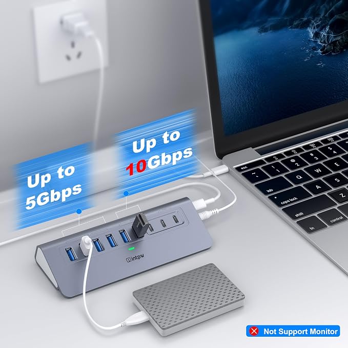 YH6AC Powered USB Hub 10Gbps, intpw 9-Port USB Splitter - Image 3