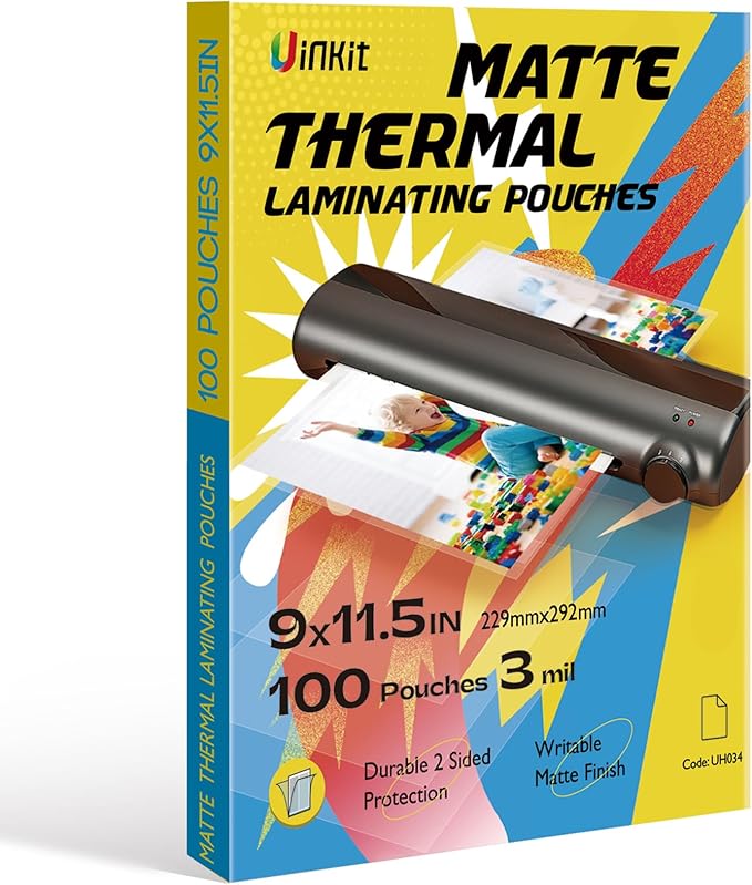 Uinkit Matte Thermal Laminating Pouches 9 x 11.5 Inches 3 Mil Thick Matte Finish 100 Sheets Large Package Fitted for Letter Size Laminating Sheets 8.5 x 11-DeskLoop Office