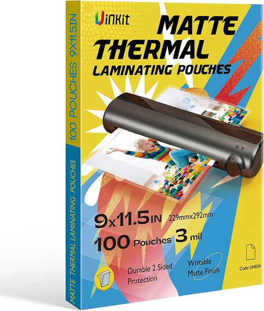 Uinkit Matte Thermal Laminating Pouches 9 x 11.5 Inches 3 Mil Thick Matte Finish 100 Sheets Large Package Fitted for Letter Size Laminating Sheets 8.5 x 11-DeskLoop Office
