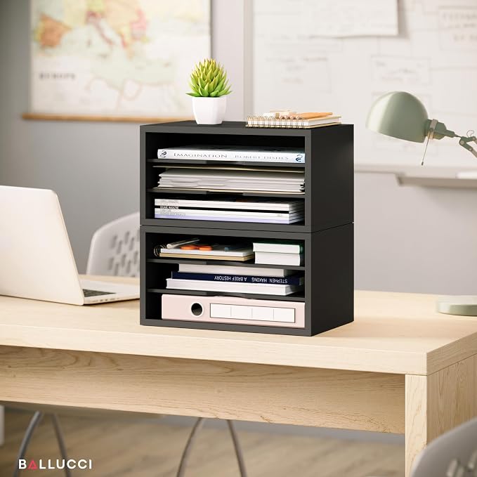 Ballucci File Organizer, 3-Tier Document Paper Sorter, Stackable Wood Desk - Image 6