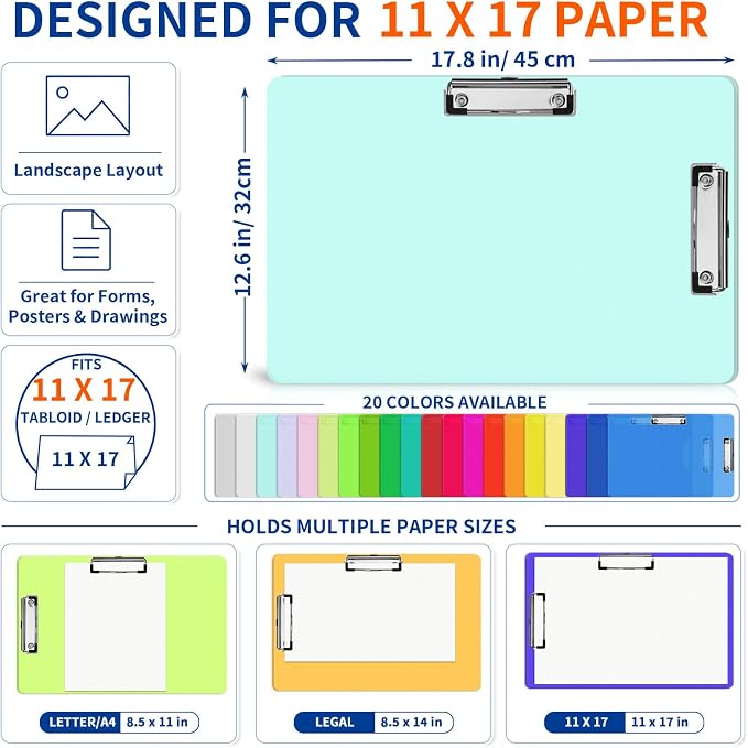 20 Pcs Extra Large 11x17 in Clipboards Bulk 20 Color Plastic Drawing Board | - Image 2