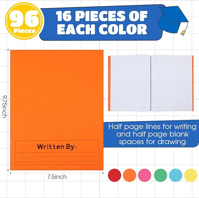 Henoyso 96 Pcs Primary Composition Notebook K-2 9 3/4 x 7 1/2 Inch Primary Journal, Back to School Supplies, Bulk Blank Writing Book for Kid to Write Draw Journal 60 Page Notebooks (Colorful)-DeskLoop Office