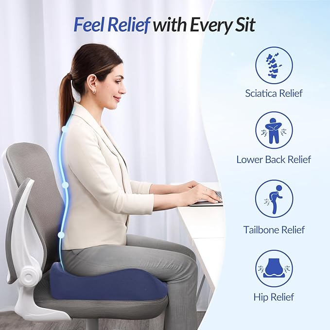 ZIKEE Pioneering Seat Cushion for Pressure Relief, Ergonomic Office Chair Cushion for Sciatica, Back, Hemorrhoids & Tailbone Pain Relief, High-Density Memory Foam Car Seat Cushion with Anti-Slip Base-DeskLoop Office
