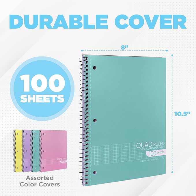 Manaloom Graph Paper Notebook Bright Colors, Quad Ruled Grid spiral Notebooks, 10.5 x 8 in, 100 Sheets, Perforated – Math, STEM, Class Notes, School & College Use – Assorted Colors, 4 Pack-DeskLoop Office