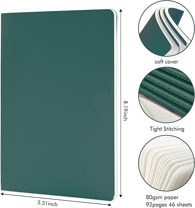 16 Pack Soft Cover Journal Bulk, Feela Lined Notebooks College Ruled for Work for Women Girl Writing, Blank Travel Journal Note Taking Notebook School Business Supplies, 8.2” x 5.5”, A5, Dark Green-DeskLoop Office