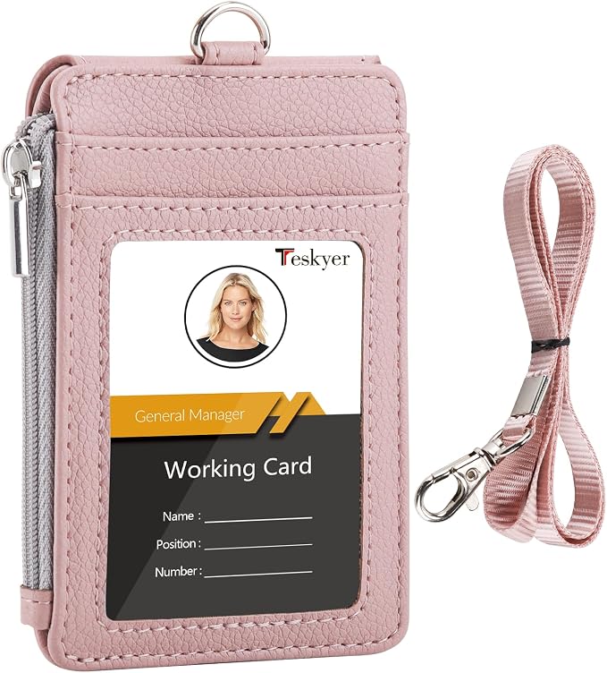 Teskyer ID Badge Holder with Lanyard, Lanyard Wallet, Lychee Dark Pink | 4-Card by TESKYER
