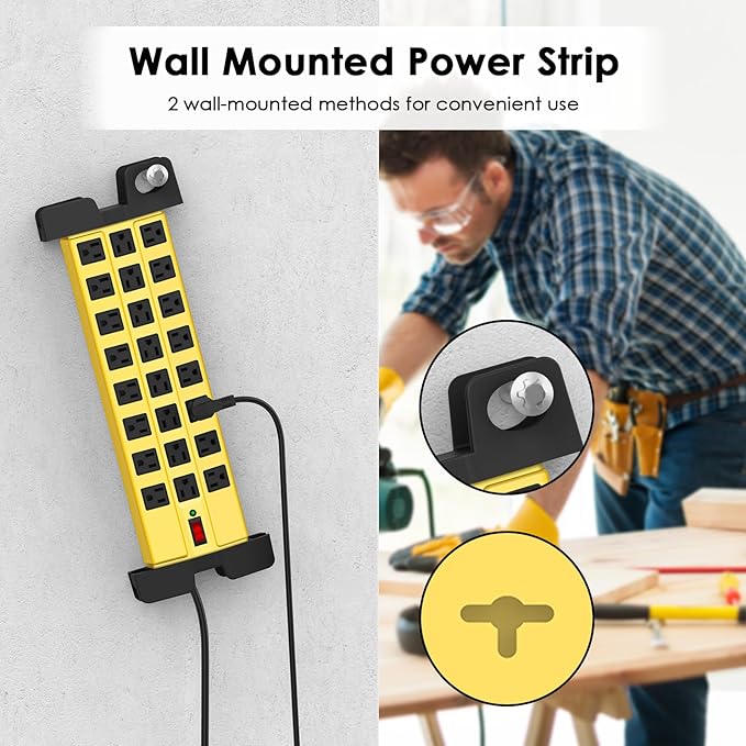 HHSOET Heavy Duty Power Strip with Surge Protection, Industrial Commercial Metal 24 Outlets Wall Mount for Garage Shop, 15 Amp, Switch, 6FT Extension Cord, Yellow.-DeskLoop Office