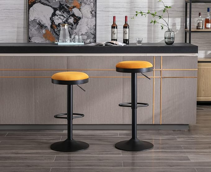Round Swivel Counter Height Bar Stools Set of 2 Modern Adjustable Barstools Backless Corduroy Bar Chairs Industrial Island Chairs with Metal Base/Footrest for Kitchen Island/Pub/Bar, Yellow-DeskLoop Office
