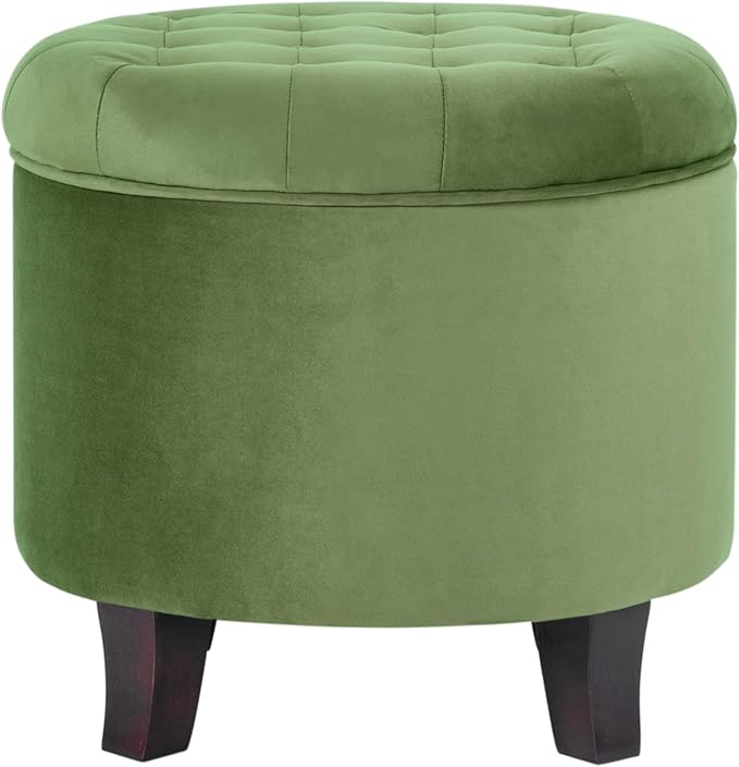 HomePop by Kinfine Fabric Upholstered Round Storage Ottoman - Velvet Button Tufted Ottoman with Removable Lid, Dark Green Small-DeskLoop Office