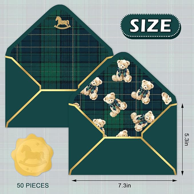Whaline 50 Pcs Tartan Bear Envelopes Green Blue Plaids Bear Rocking Horse - Image 2
