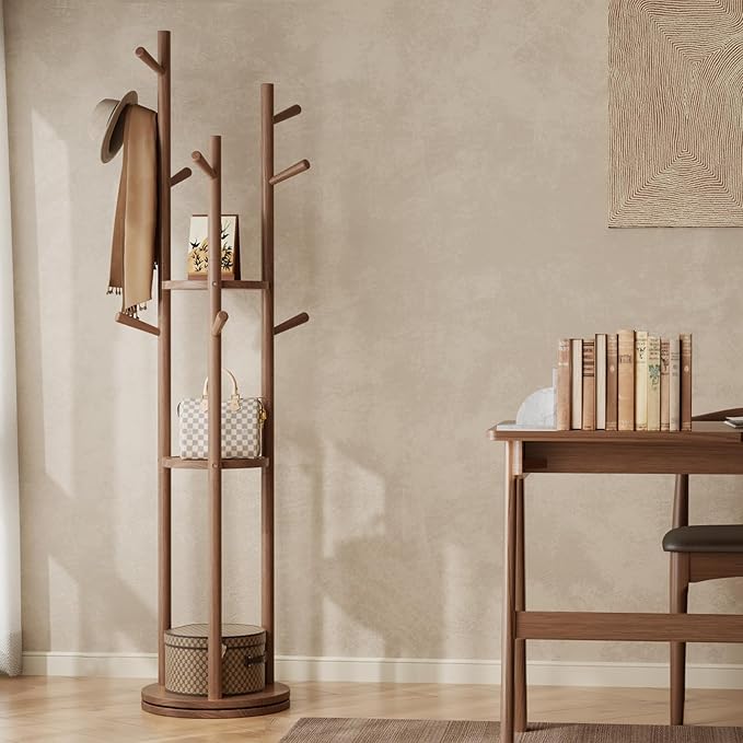 Solid Wood Rotary Coat Rack, Freestanding Coat Rack with 3 Shelves and 9 Hooks, Coat tree for Bedroom, Entryway, Livingroom, Coat Hanger Stand for Coats, Scarves, Handbags (Walnut)-DeskLoop Office