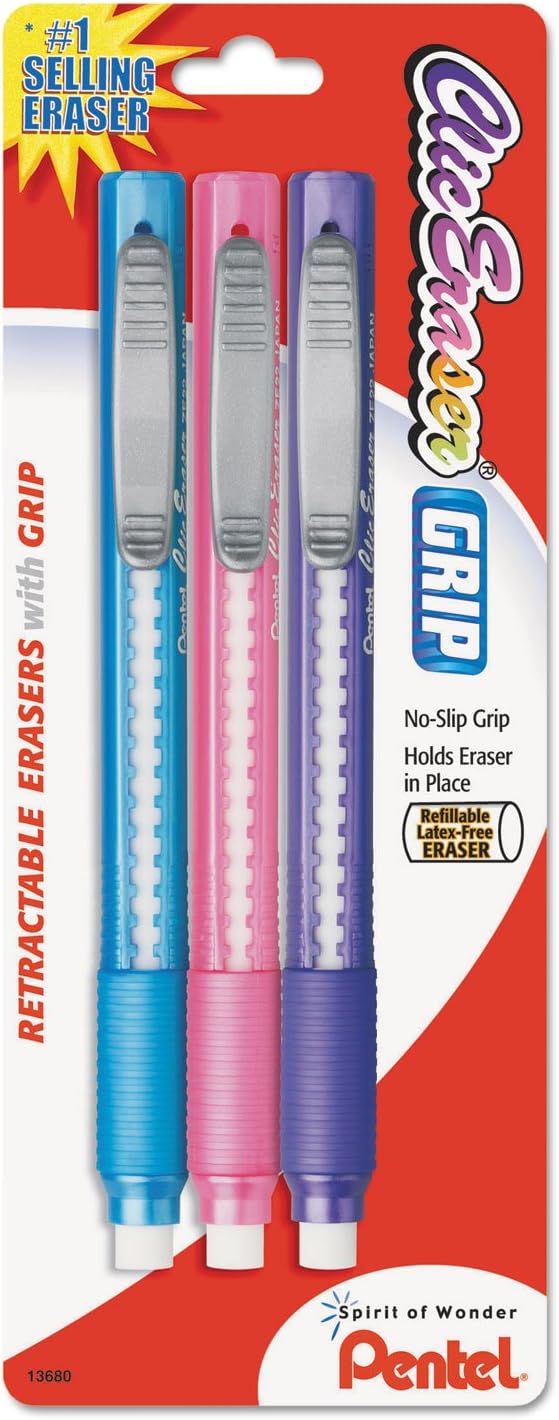 Pentel ZE21TBP3M Clic Eraser Pencil-Style Grip Eraser Assorted 3/Pack, by PentelofAmerica