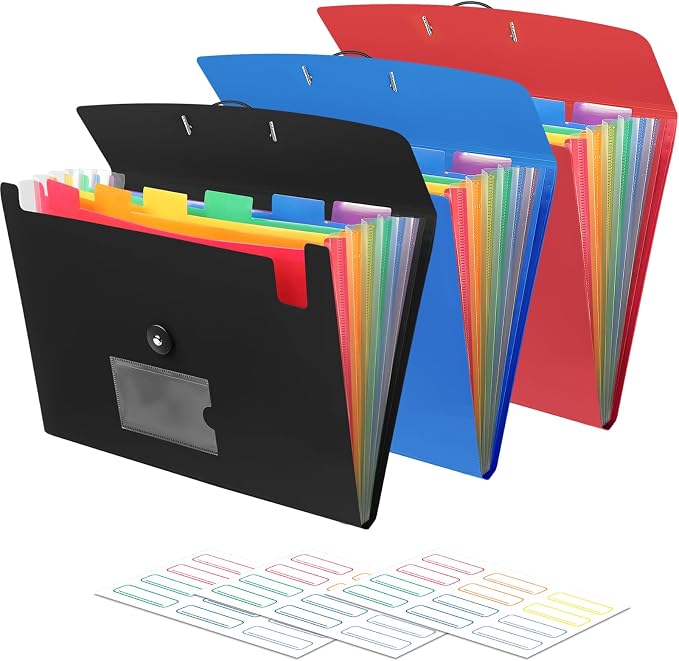3 Pack 7 Pocket Accordian File Organizer, Expanding File Folder by RIEJIN