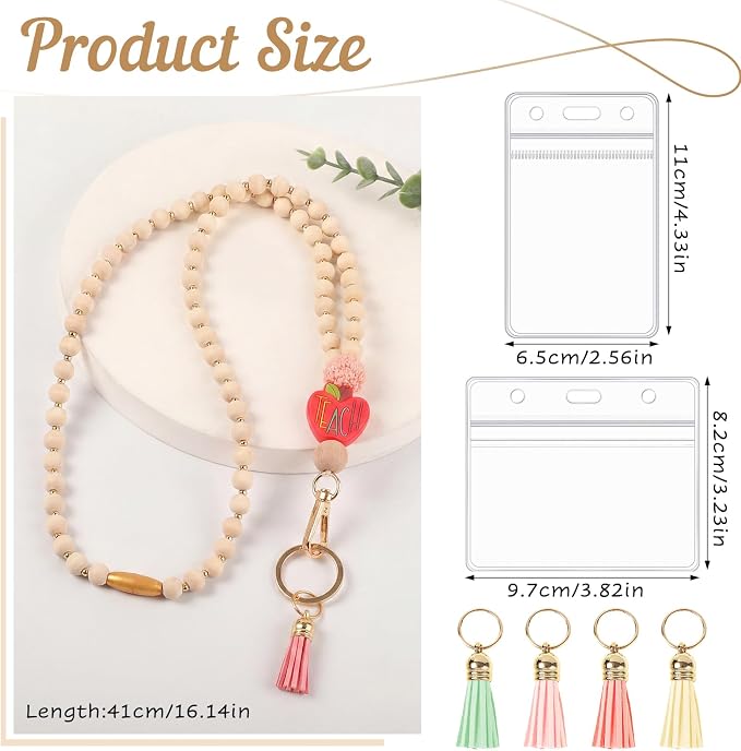 Teacher Lanyard with ID Holder Cute Wooden Beaded Lanyards - Image 2