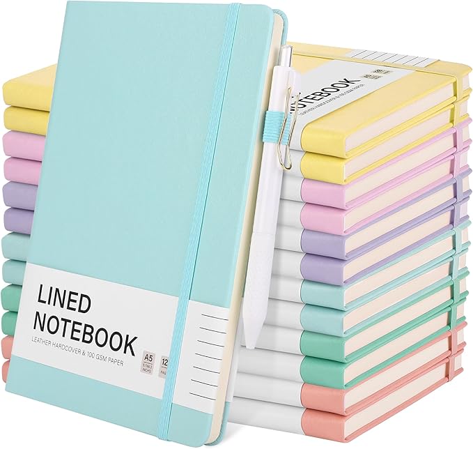 Aodaer 12 Set Lined Notebook Journals with Pens A5 Notebooks 100 GSM College Ruled Hardcover Notebook PU Leather Notepad with Pen Holder for Office School, 5.7 x 8.3 Inches, Light Multicolor-DeskLoop Office