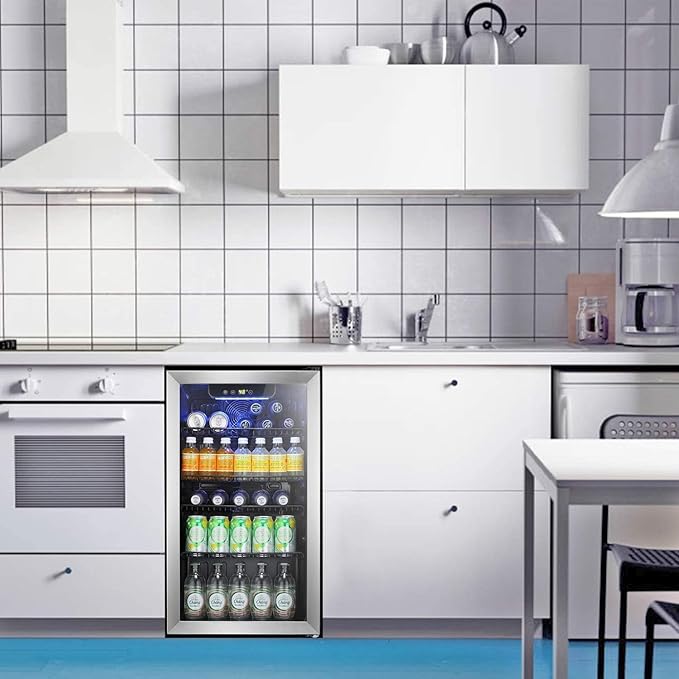 Antarctic Star Beverage Refrigerator Cooler -120 Can Glass Door Mini Fridge, for Soda Cola Beer or Wine Constant Glass Door Small Drink Dispenser Clear Front Door for Home, Bar 3.2cu.ft-DeskLoop Office