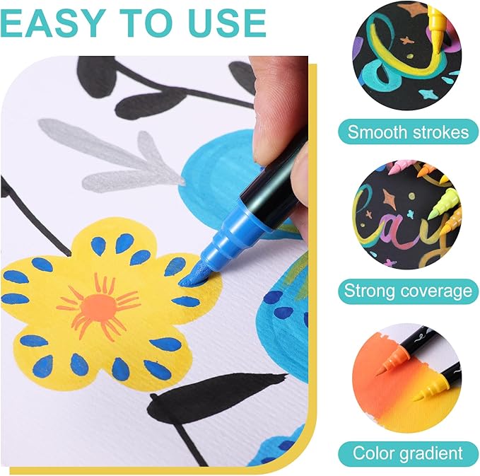 12 Colors Acrylic Paint Markers, Waterproof Dual Tip Acrylic Paint Pens with Brush and Fine Tip, Markers Set for Paper, Rock, Wood, Canvas, Glass, Ceramic and DIY Crafts Making Art Supplies-DeskLoop Office