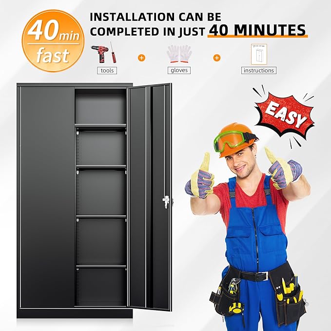 INTERGREAT Metal Storage Cabinet with Lock,Storage Wardrobe Cabinets with 4 Adjustable Shelves and Hanging Rod,Black Wardrobe Cabinet with Lockable Doors for Home Office,Warehouse,Garage-DeskLoop Office