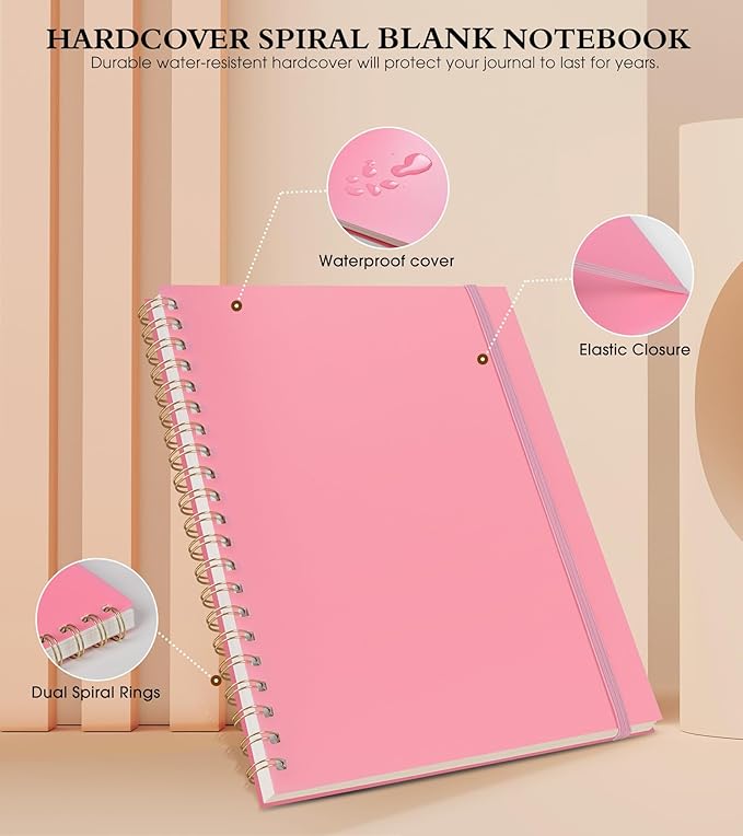 Blank Spiral Notebook Journal 8.5” x 11”, A4 Large Pink Sketch Book for Women Men, 100 GSM Blank Paper Drawing Notebook, Plastic Hardcover Spiral Bound Sketchbook for Sketching Work School Writing-DeskLoop Office