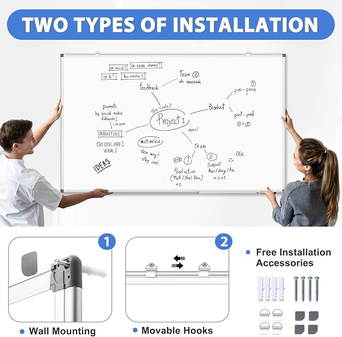 WALGLASS 2 Pack Large White Board, Hanging Mounted Whiteboard Silver Aluminium - Image 3
