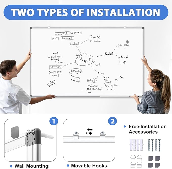 WALGLASS Large White Board, Hanging Mounted Whiteboard Silver Aluminium Frame - Image 3