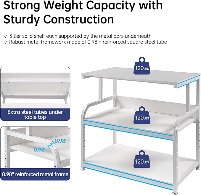 Printer Stand, 32.3" x 18.9" x 32.1" Extra Large Printer Table with Adjustable Storage Shelf, 3 Tier Rolling Printer Cart with Industrial Wheels for Home Office, White-DeskLoop Office