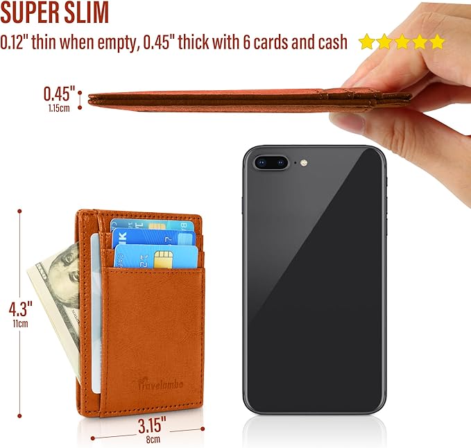 Travelambo Slim Wallet Front Pocket Minimalist Leather RFID Blocking Medium Size - Image 4