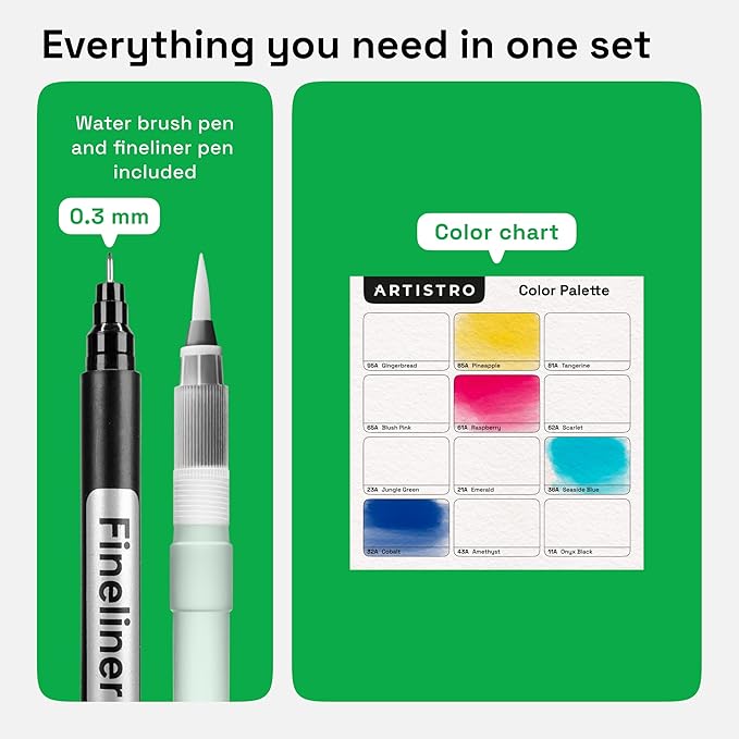 ARTISTRO 12 Watercolor Markers with Flexible Paint Brush Pens for Pros & Beginners - Consistent, Smooth, Bright, Washable, Non-Toxic, Ideal for Coloring, Calligraphy, & Manga-DeskLoop Office