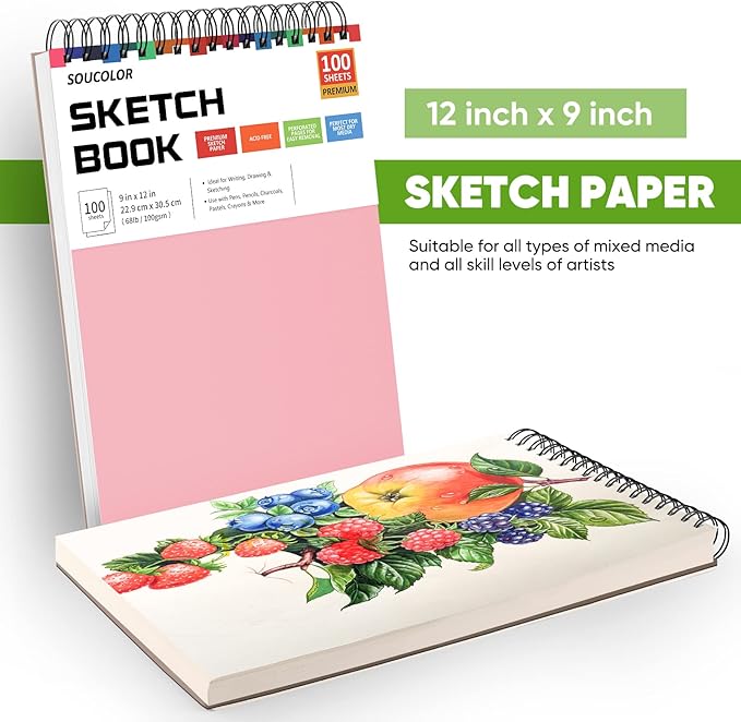 Soucolor Cute Sketchbook 9" x 12" for Women, 1-Pack 100 Sheets Spiral Notebook Drawing Pad for Girls, Pastel Girls' School Art Supplies for Beginner Artists, Arts and Crafts Gifts Set for Kids Adults-DeskLoop Office