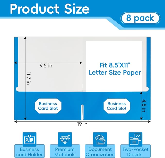 8 Packs Blue Two Pocket File Folders, File Folder Letter Size, 8.5x11Inches - Image 2
