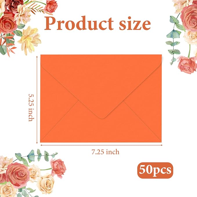 50 Pcs Bright Orange Envelopes Floral Pattern 150gsm 5x7 Envelopes - Image 3