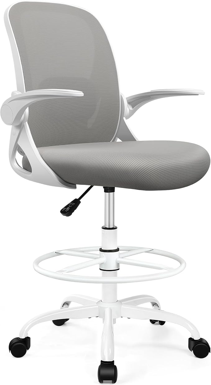 Drafting Chair Tall Office Chair with Flip-up Armrests, Adjustable Height, and Enhanced Lumbar Support - Ergonomic Rolling Stool, Back Support, and Adjustable Foot Rest Ring for Standing Desk Gray-DeskLoop Office