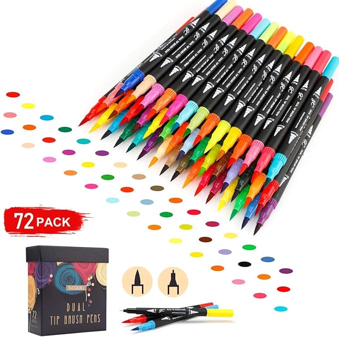 GC 72 Colors Dual Tip Brush Pens Highlighter 72 Art Markers 0.4mm Fine liners & Brush Tip Watercolor Pen Set for Adult and kids Coloring Books, Calligraphy, Hand Lettering, Note Taking-DeskLoop Office