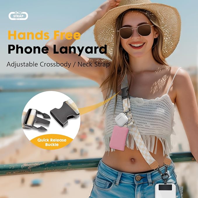 Icycay Phone Lanyard Crossbody, Apricot Checkered Cell Phone Strap - Image 2