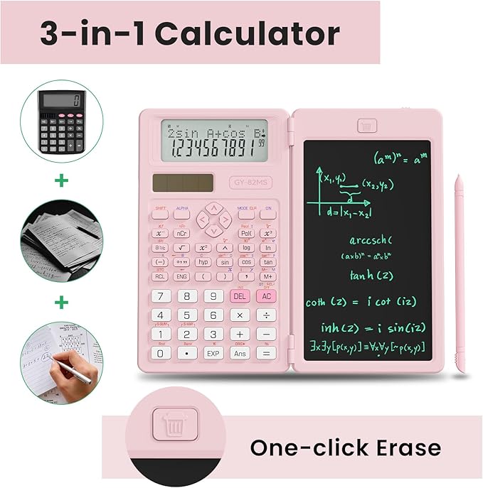 Scientific Calculators for School with Notepad, ROATEE Pink Cute School Supplies for Girls Middle and High School Stuff for Student, 240 Functions 82 MS Foldable 2-Line Display Solar and Battery Power-DeskLoop Office